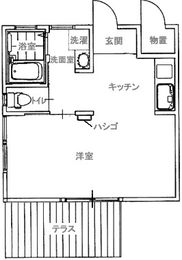 テラス、洋室、トイレ、浴室、洗面室、キッチンが描かれた1階平面図