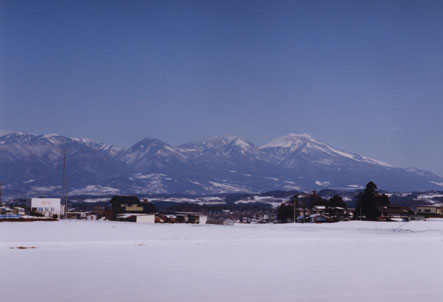 辺り一面雪で真っ白になった地面と、奥には雪化粧をした浅間山がみえる風景写真