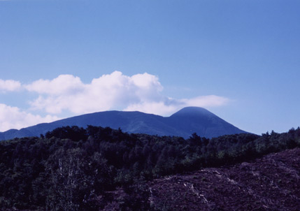 ごつごつとした岩山の奥に見える蓼科山の写真