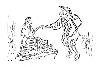 石の上に座るカッパが旅人の手を握っている挿絵