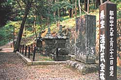 裏山の一角にある宝塔が奥に3基並んでおり、手前に長方形の石碑が置かれている津金寺滋野氏宝塔を右斜め前から写した写真