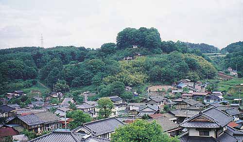手前には沢山の家が立ち並び、その奥に小高い山になっている芦田城址の写真