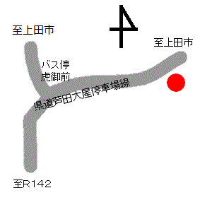 虎御前 姿見の井の場所を赤丸で示した地図