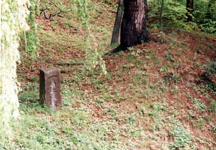 山の中に文字の刻まれた古い石碑が立っている一里塚の写真