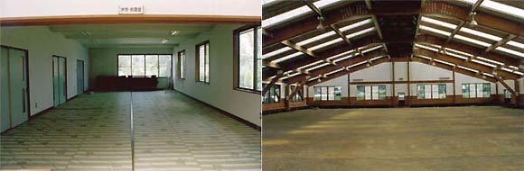 左：室内奥と右側に窓がある広々とした休憩室の写真、右：広々とした空間の屋内運動場の写真