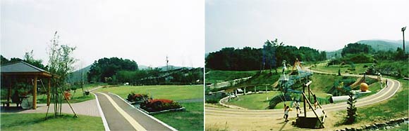 左：左側には屋根付きの休憩所、遊歩道を挟んで広々とした広場が広がっている写真、右：広場全体を囲むように遊歩道が整備され、遊具で遊ぶ子ども達が写っている写真